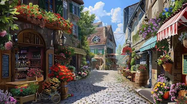 Una hermosa calle europea con edificios de piedra calles de adoquines y flores de colores