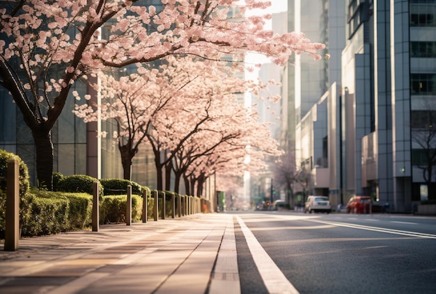 hermosa calle en Japón con edificios altos y flores de cerezo en flor