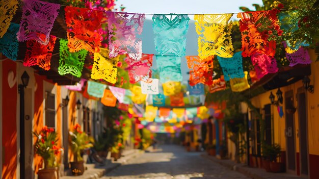 Una hermosa calle de un pequeño pueblo mexicano está decorada con coloridas banderas de papel