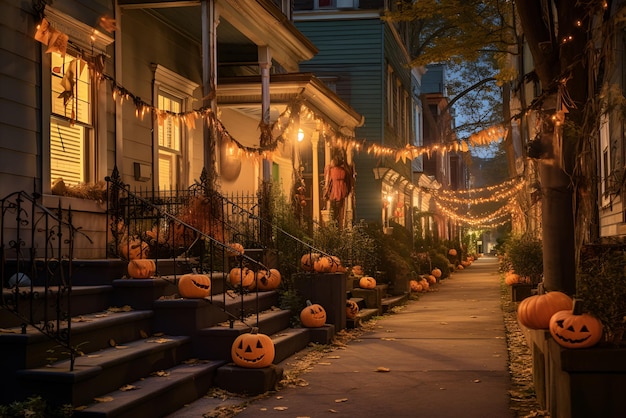 Hermosa calle residencial pequeña decorada con Halloween Contenido generado por IA