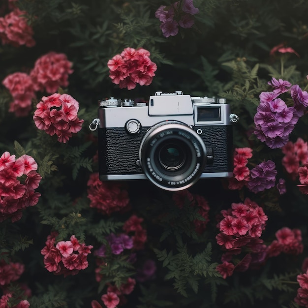 Hermosa cámara con hermosas flores de colores AI generativa