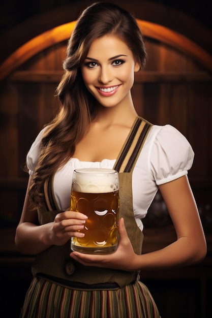 Foto hermosa camarera alemana con cerveza en oktoberfest