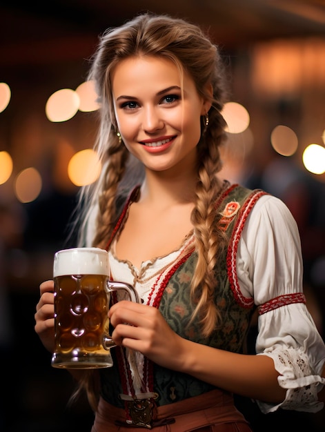 Una hermosa camarera joven sonriendo y sosteniendo vasos de cerveza en el festival de cerveza Oktoberfest