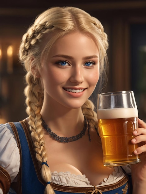 La hermosa camarera rubia tiene una cerveza helada Oktoberfest