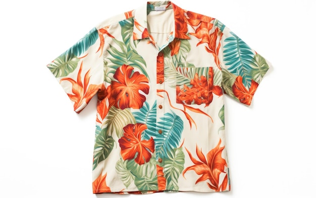 Hermosa camisa hawaiana con estampado de flores aislada sobre un fondo blanco