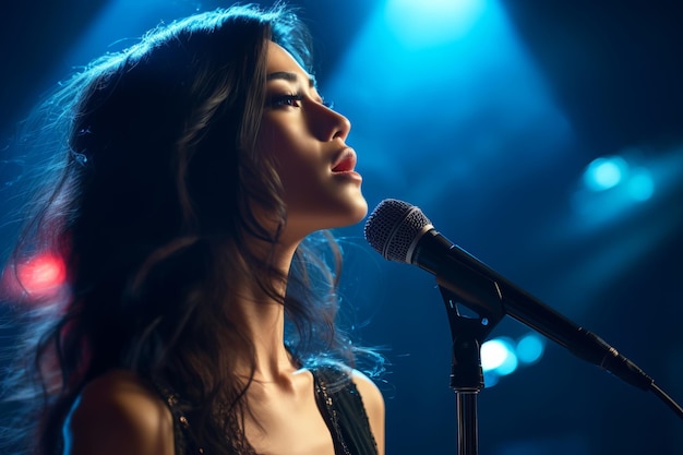 Una hermosa cantante asiática canta en el escenario bajo los reflectores de luz azul.