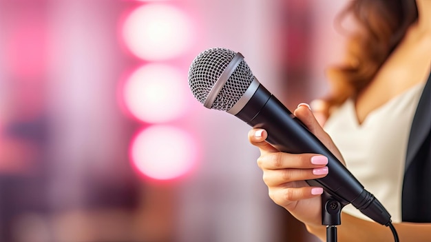 Hermosa cantante mujer sosteniendo micrófono karaoke sobre fondo rosa