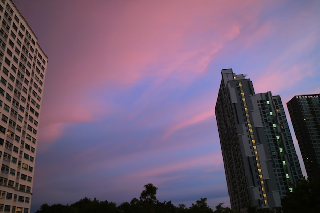 Hermosa capa de nubes de color rosa y azul pastel del cielo del atardecer sobre los edificios altos