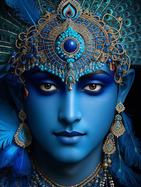 La hermosa cara redonda azul compleja del Señor Krishna