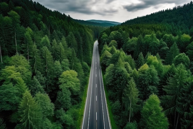 Hermosa carretera de asfalto en la vista aérea del bosque denso de la IA generativa de drones