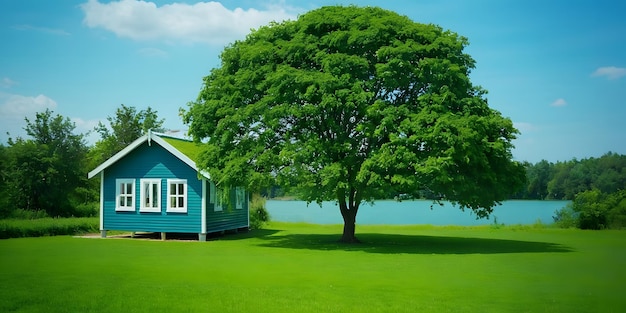 hermosa casa al lado del lago con árbol verde y hierba entorno verde