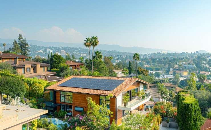 Hermosa casa en Los Ángeles, California, EE.UU. con paneles solares para generar energía limpia