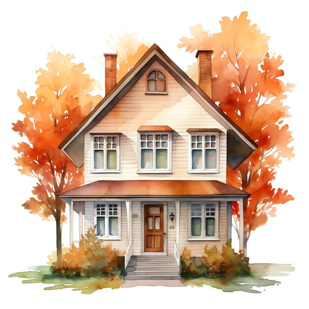 hermosa casa de campo acuarela ilustración de otoño para planificador o proyecto de bricolaje