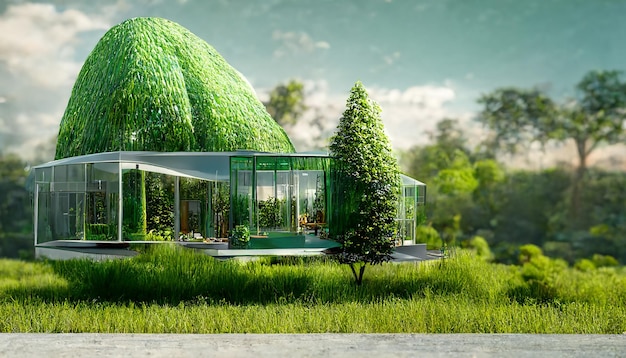 Hermosa casa de cristal verde con jardín natural y árbol con césped