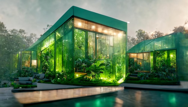 Hermosa casa de cristal verde con jardín natural y árbol.