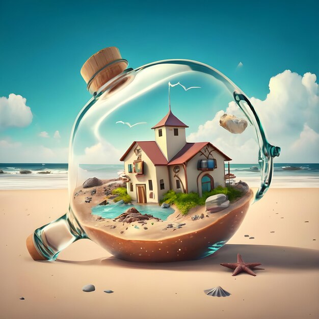 Hermosa casa dentro de una botella de vidrio en medio de la playa