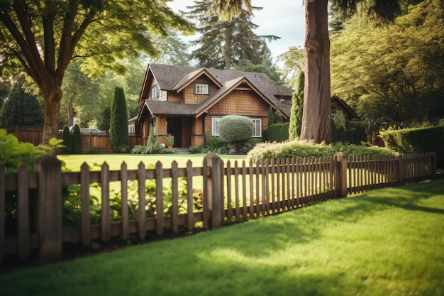 Una hermosa casa está rodeada por una encantadora valla de madera complementada con un exuberante césped verde. La foto...