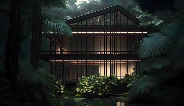 Una hermosa casa estilo modernismo tropical en un bosque generativo aiUna hermosa casa estilo modernismo tropical en un bosque generativo ai