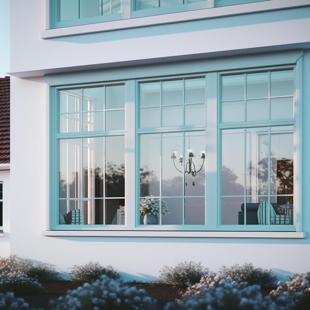 La hermosa casa con grandes ventanas de vidrio