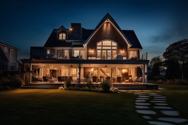 Hermosa casa de lujo de estilo Hampton con vistas a la naturaleza del jardín por la noche