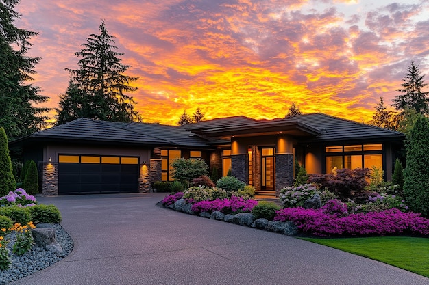 Hermosa casa de lujo con jardín iluminado al anochecer iluminación cálida acogedora pacífica
