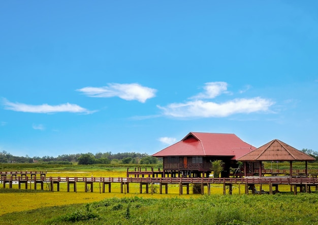 Una hermosa casa de madera con techo rojo con un puente de madera que conecta