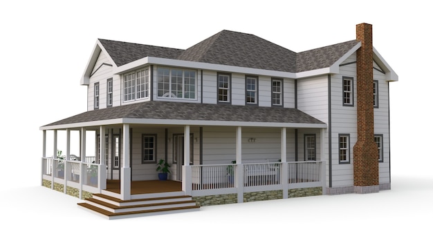 Hermosa casa moderna. Una casa de campo americana clásica para una familia numerosa. Ilustración 3D.