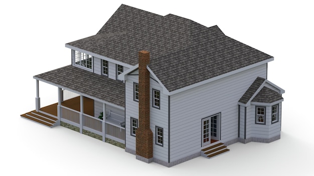 Hermosa casa moderna. Una casa de campo americana clásica para una familia numerosa. Ilustración 3D