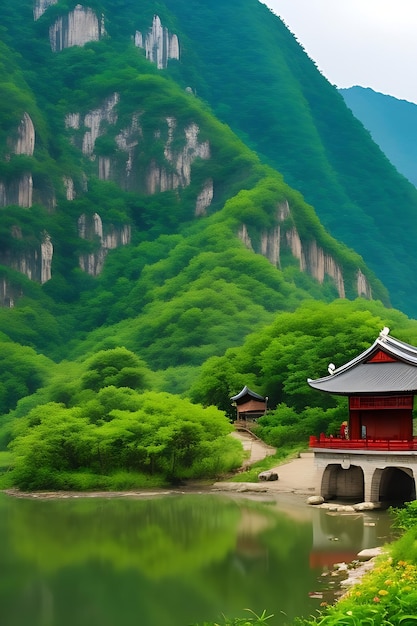 Hermosa casa a orillas del mar con montaña verde Hermosas montañas con lago