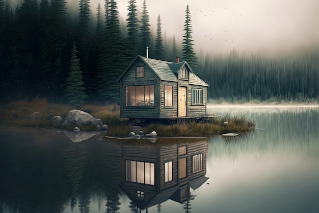 Hermosa casa pequeña de madera en la orilla del lago reflejada en el agua contra el fondo de la niebla y el bosque