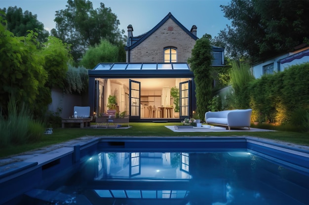Hermosa casa de piedra estilo francés con veranda y piscina aire generativo