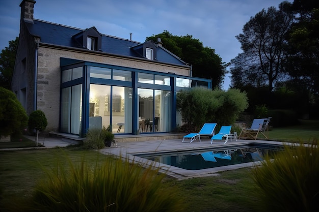 Hermosa casa de piedra estilo francés con veranda y piscina aire generativo