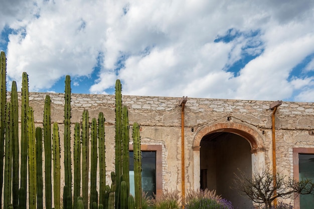 Hermosa casa rústica mexicana con cactus y un cielo azul de nubes blancas