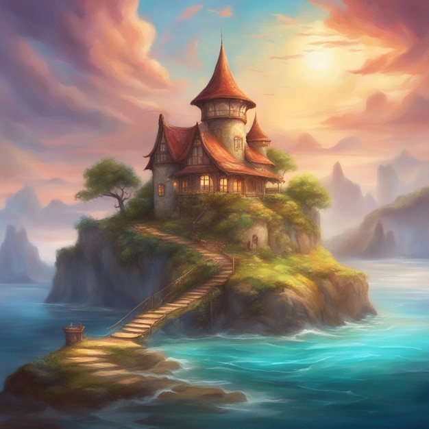 Una hermosa casa situada en la isla dentro del fondo de pantalla del lago de agua.