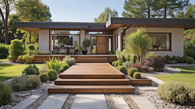 Hermosa casa suburbana con un camino de madera y césped en maceta frente a la puerta de entrada