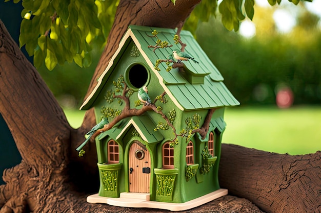 Hermosa casa verde con porche en pajarera de tronco de árbol