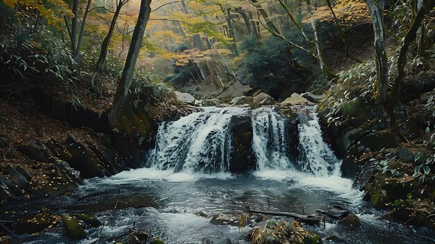 Una hermosa cascada en un bosque el agua es cristalina y el bosque está lleno de árboles verdes y exuberantes