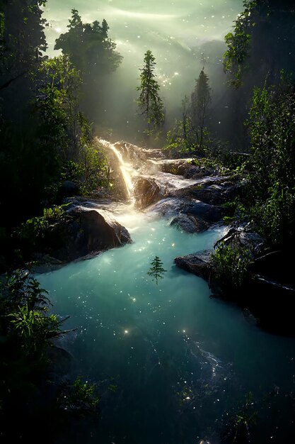 Hermosa cascada en el bosque profundo como un paraíso Ilustración 2D