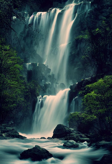 Hermosa cascada en el bosque profundo como un paraíso Ilustración 2D