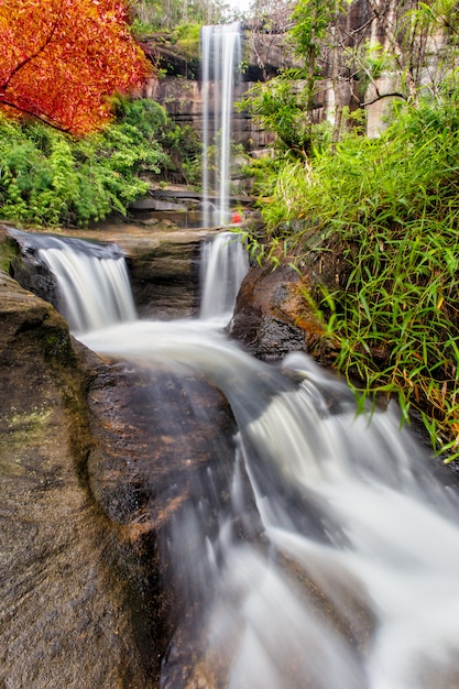 La hermosa cascada en el bosque profundo durante la temporada de lluvias en el Parque Nacional Pha Taem