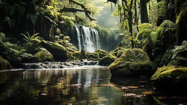 Hermosa cascada en un bosque profundo
