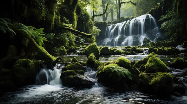 Hermosa cascada en el bosque profundo