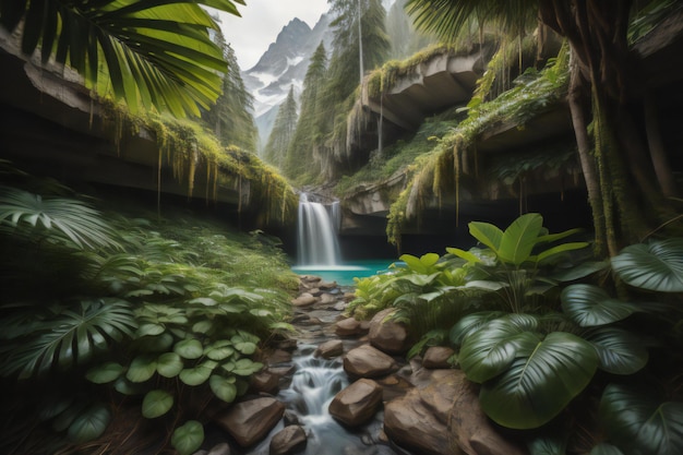 Hermosa cascada en un bosque tropical con plantas verdes y rocas generativas ai