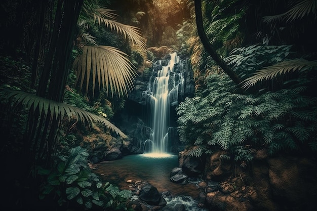 Hermosa cascada en la jungla en una jungla próspera