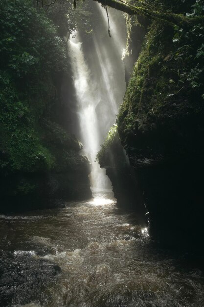 Hermosa cascada oculta con espectaculares rayos de luz