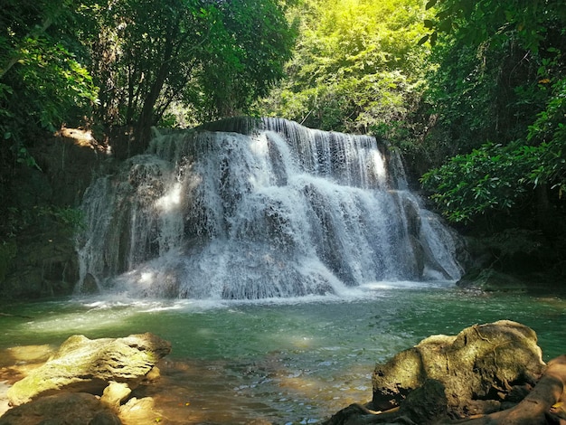 Hermosa cascada panorámica del bosque profundo en Tailandia