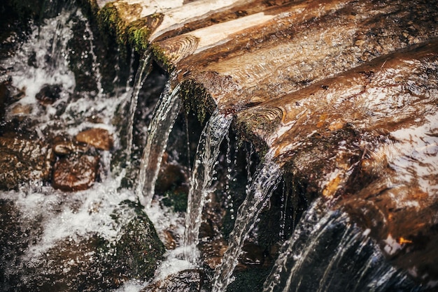 Hermosa cascada en presa de madera en bosques soleados gotas de agua río que fluye en bosques y montañas protección del medio ambiente belleza fresca naturaleza papel tapiz