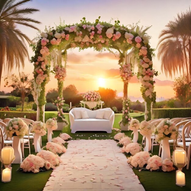 Hermosa ceremonia de bodas en el jardín al atardecer