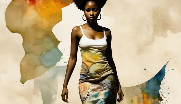 Foto una hermosa chica afroamericana en una acuarela y un tratamiento de arte de collage