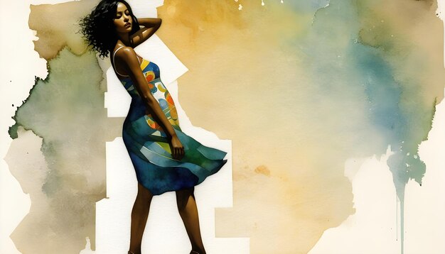 Una hermosa chica afroamericana en una acuarela y un tratamiento de arte de collage